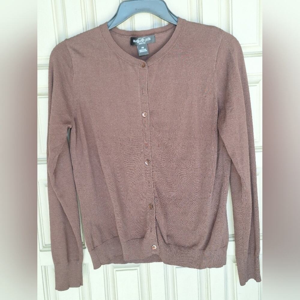 August Silk Petite Cardigan Chocolate Brown SzMP 3/4Sleeves Silk Nylon Viscose